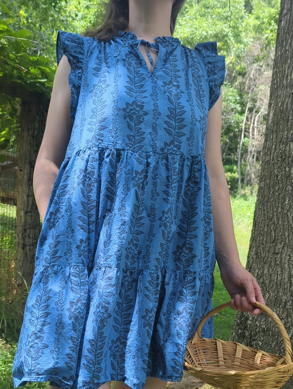 Time and Tru Teal Floral Tiered Flutter Dress